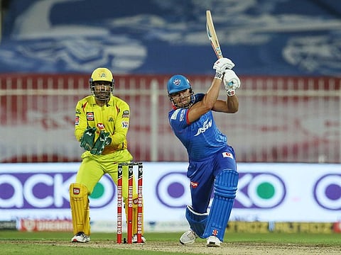 Marcus Stoinis of Delhi Capitals in an aggressive mood against Chennai Super Kings during IPL 2020.