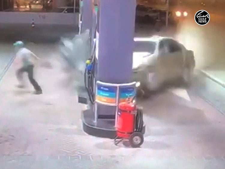 Speeding car crashes into petrol pump in Sharjah