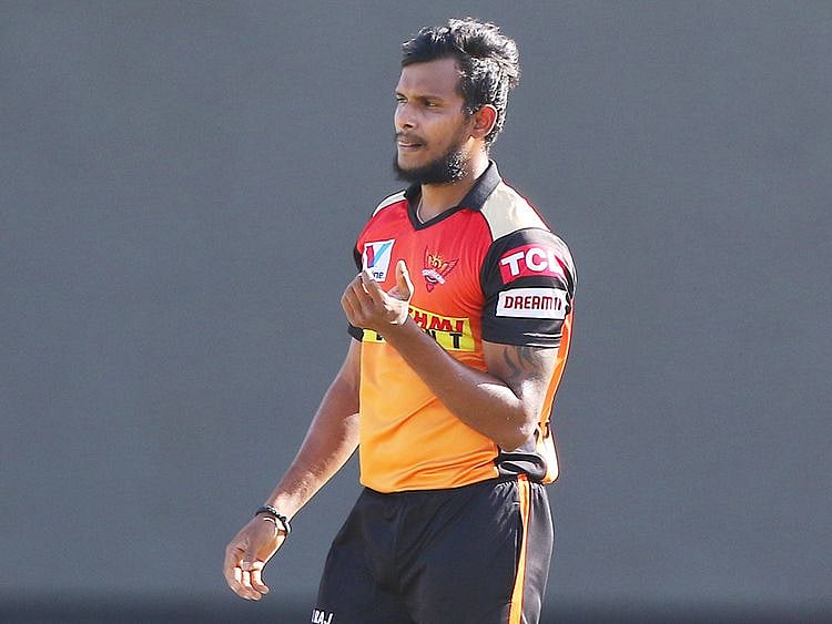T Natarajan of Sunrisers Hyderabad celebrates