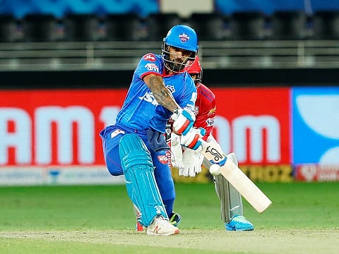 File photo: Shikhar Dhawan of Delhi Capitals plays a shot.  