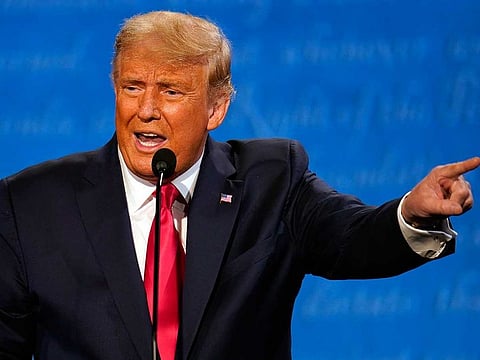 President Donald Trump speaks during the second and final presidential debate Thursday, October 22, 2020, at Belmont University in Nashville, Tenn., with Democratic presidential candidate former Vice President Joe Biden. 