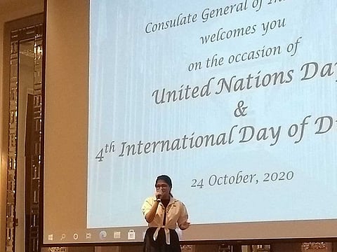 Indian Consulate in Dubai organised an event to mark the International Diplomats Day. Dubai based singer Suchetha Satish performs at the ceremony by singing in Arabic, French, Chinese, Russian and Spanish.
