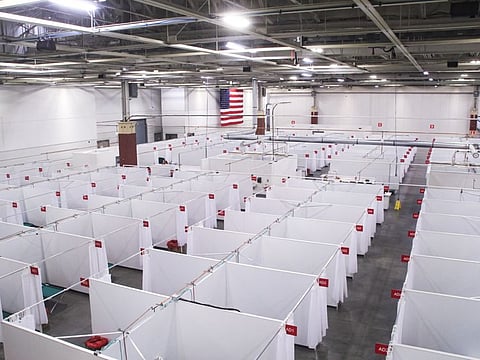 An image provided by the Wisconsin Department of Administration, a field hospital set up at the state fairgrounds to help address a recent spike in COVID-19 cases, Milwaukee, Wisconsin on October 12, 2020.  