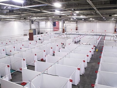 An image provided by the Wisconsin Department of Administration, a field hospital set up at the state fairgrounds to help address a recent spike in COVID-19 cases, Milwaukee, Wisconsin on October 12, 2020.  