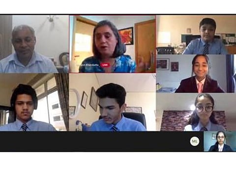 Students in a Zoom call with elderly persons in India.