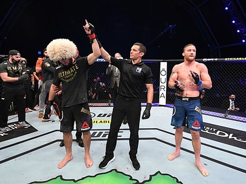 Khabib is declared the winner against Justin Gaethje