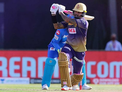 Sunil Narine of the Kolkata Knight Riders unleashes one his might blows against the Delhi Capitals in the IPL 2020 game in Abu Dhabi on October 24, 2020.