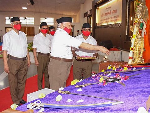  RSS Chief Mohan Bhagwat performs 'Shastra Puja' on the occasion of Dussehra at the RSS headquarters in Nagpur, Sunday, October. 25, 2020.