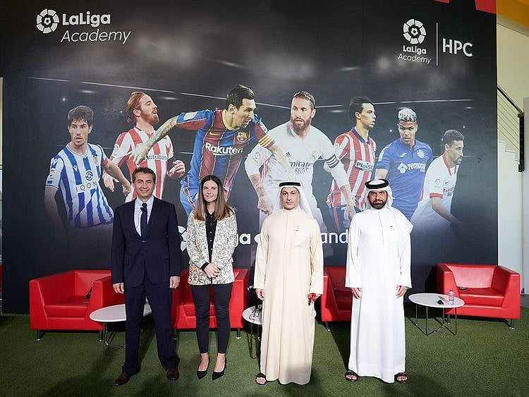 Saeed Hareb, General Secretary of Dubai Sports Council is joined by Khalid Al Zarooni, President, Dubai Sports City, Maite Ventura, Managing Director for La Liga in the MENA region and Hussein Murad, CEO, Inspiratus at the announcement of the new venture that promises to be a world-class destination for football development and entertainment in the UAE, and beyond. 