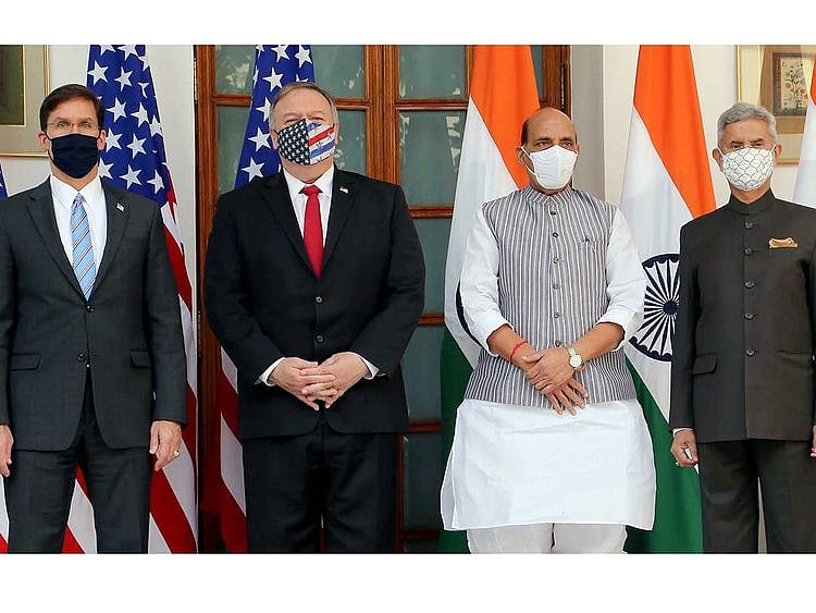 Mark Esper, US Secretary of State Michael Pompeo, Defence Minister Rajnath Singh and External Affairs Minister S Jaishankar