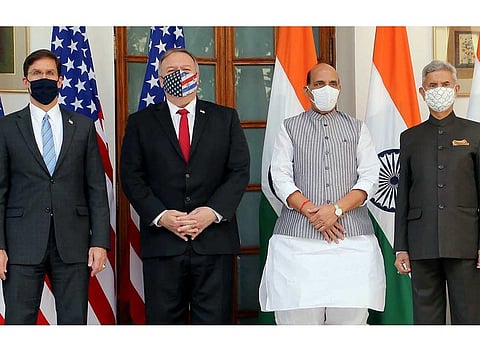 (L-R) US Secretary of Defense Mark Esper, US Secretary of State Michael Pompeo, Defence Minister Rajnath Singh and External Affairs Minister S Jaishankar before the India-US 2+2 Ministerial Dialogue meeting at Hyderabad House in New Delhi on Tuesday. 