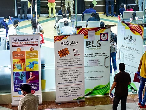 An information roll up outside BLS International office in Deira advising applicants to book online appointment before coming. Photo : Virendra Saklani/Gulf News