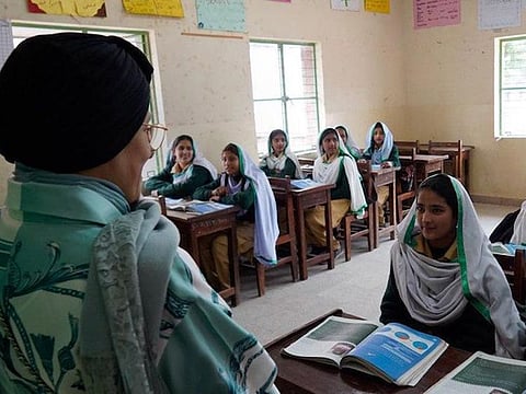  TBHF chairperson Shaikha Jawaher Bint Mohammad Al Qasimi interacting with students during her visit to Pakistan in February this year. 