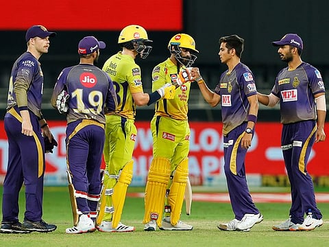 Chennai and Kolkata players greet each other after the match.  