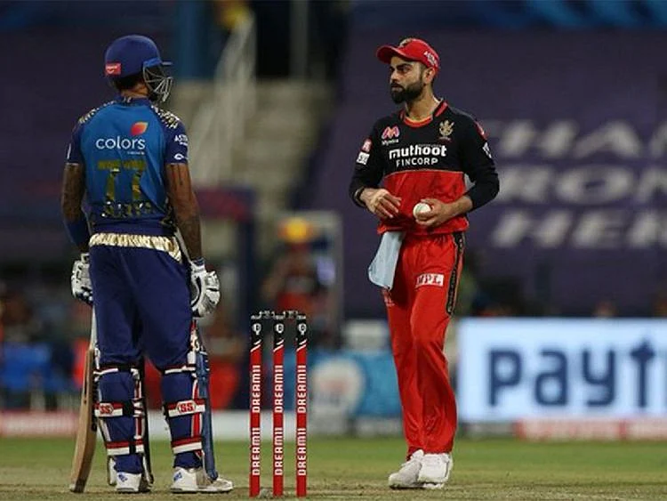 Suryakumar Yadav stares down Virat Kohli in the Mumbai Indians v Royal Challengers Bangalore match in Abu Dhabi