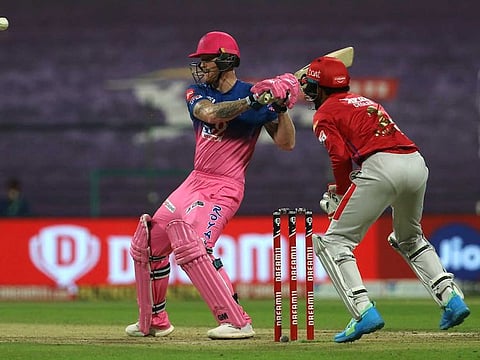 Ben Stokes of the Rajasthan Royals plays a switch-hit against the Kings XI Punjab in IPL 2020 in Abu Dhabi on October 31, 2020.