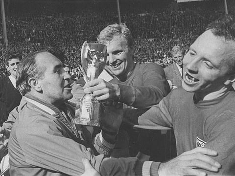 Nobby Stiles (right), seen celebrating their 1966 World Cup triumph with England captain Bobby Moore, died from dementia - a condition believed to be a result of years of heading in the sport.