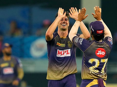 Pat Cummins of Kolkata Knight Riders celebrates the wicket of Riyan Parag of Rajasthan Royals. 