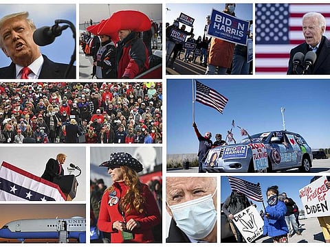 This combination of pictures created on October 31, 2020 shows US President Donald Trump (panel L) and US Democratic presidential candidate Joe Biden (panel R) and during campaign events in Wisconsin and Pennsylvania and Delaware and Iowa respectively on October 30 and 31, 2020. 