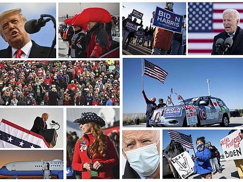 This combination of pictures created on October 31, 2020 shows US President Donald Trump (panel L) and US Democratic presidential candidate Joe Biden (panel R) and during campaign events in Wisconsin and Pennsylvania and Delaware and Iowa respectively on October 30 and 31, 2020. 