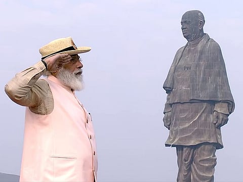 Prime Minister Narendra Modi during the celebrations of the birth anniversary of Sardar Vallabhbhai Patel the day also observed as Rashtriya Ekta Diwas (National Unity Day) at Statue of Unity in Kevadia on Saturday.