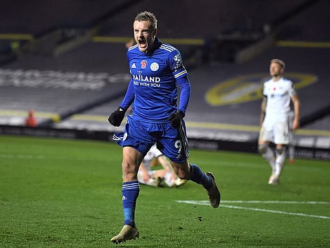 Leicester City's Jamie Vardy celebrates scoring their third goal.