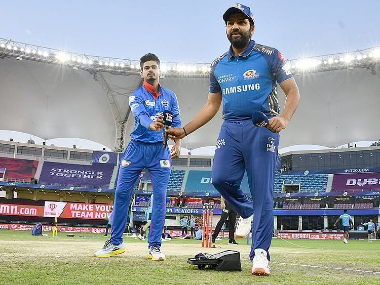 DC captain Shreyas Iyer (left) with MI skipper Rohith Sharma