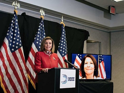House Speaker Nancy Pelosi speaks at the Democratic Congressional Campaign Committee headquarters in Washington as 2020 election results are tallied, Nov. 3, 2020. During an emotional conference call, Democrats traded excuses, blame and prognostications about how their expectations for big gains in their majority could have been so wrong — and what to do about it. 