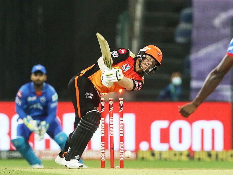 David Warner of Sunrisers Hyderabad is clean bowled by Kagiso Rabada