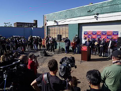 Former New York mayor Rudy Giuliani, a lawyer for President Donald Trump, speaks during a news conference on legal challenges to vote counting in Pennsylvania.