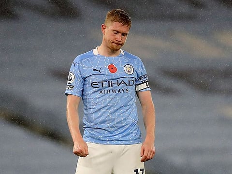 Manchester City's Kevin De Bruyne after missing a crucial penalty against Liverpool.