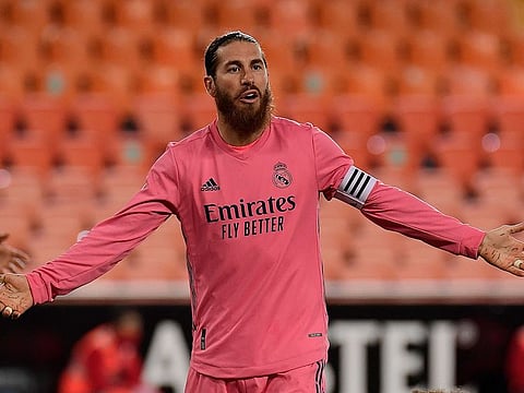 Sergio Ramos reacts during the Spanish League football match between Valencia and Real Madrid at the Mestalla stadium in Valencia on November 8, 2020. 