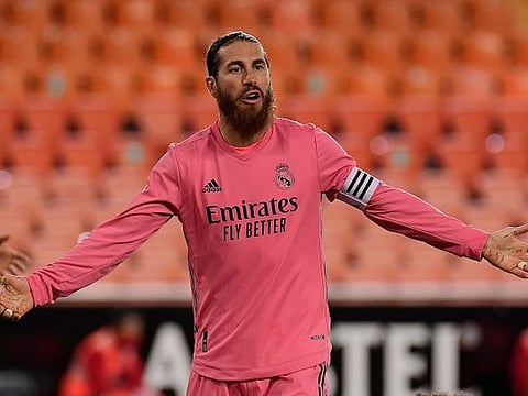 Sergio Ramos reacts during the Spanish League football match between Valencia and Real Madrid at the Mestalla stadium in Valencia on November 8, 2020. 