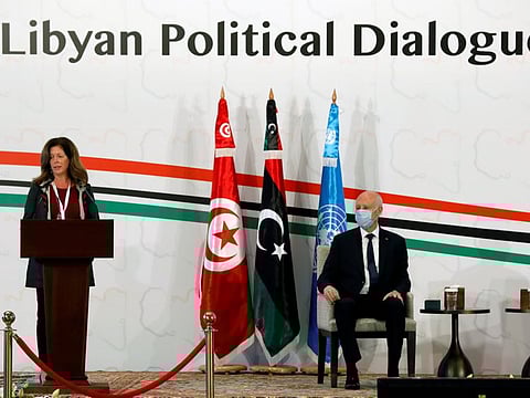 Deputy Special Representative of the UN Secretary-General for Political Affairs in Libya Stephanie Williams speaks as Tunisia's President Kais Saied listens to her during the Libyan Political Dialogue Forum in Tunis, Tunisia, November 9, 2020. 