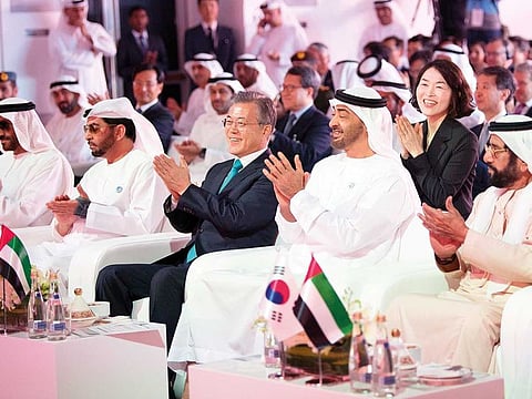 His Highness Shaikh Mohammad Bin Zayed Al Nahyan, Crown Prince of Abu Dhabi and Deputy Supreme Commander of the UAE Armed Forces with South Korean President, Moon Jae-in during the latter’s visit to the UAE in 2018