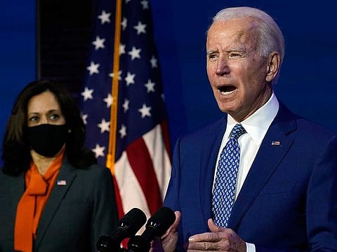 File picture: President-elect Joe Biden, joined by Vice President-elect Kamala Harris, speaks at The Queen theater, Monday, Nov. 9, 2020, in Wilmington, Delaware. 