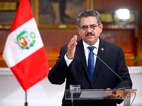 Peru's Presidential Palace, Peru's interim president Manuel Merino announces his resignation via a televised address from the Presidential Palace in Lima, Peru.