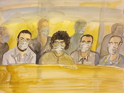 A courtroom sketch made on November 16, 2020, shows the defendants, from left to right: Ayoub El Khazzani, Mohamed Bakkali, Bilal Chatra and Redouane El Amrani Ezzerrifi sitting in the dock of the Paris Courthouse in Paris on November 16, 2020, during the trial of a foiled terror attack on an Amsterdam-Paris Thalys train in August 2015.
