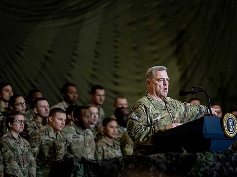 General Mark Milley, chairman of the Joint Chiefs of Staff, addresses troops at Bagram Airfield in Afghanistan last year 