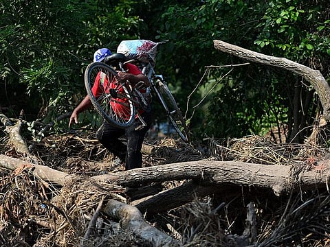 A man carries a bicycle as he evacuates a banana field in El Progreso, Yoro department, Honduras, on November 14, 2020, before the arrival of tropical storm Iota.