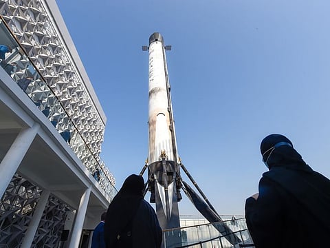 SpaceX Falcon 9 replica at USA Expo 2020 pavilion at the Expo site. 