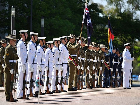 An honour guard is seen at Defence Headquarters ahead of the release of the Australian Defence Force (ADF) findings from the Inspector-General of the Australian Defence Force Afghanistan Inquiry in Canberra, Australia, November 19, 2020. 