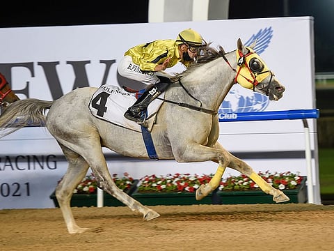 Jayide Al Boraq, ridden by jockey Bernardo Pinheiro, wins the Bani Yas sponsored by Gulf News at Meydan.