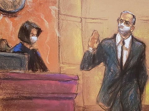 Mexico's former Defence Minister Salvador Cienfuegos takes the oath before Judge Carol Bagley Amon during a hearing to consider a US government request to drop drug charges, in a courtroom sketch in the Brooklyn borough of New York City, US. November 18, 2020. 