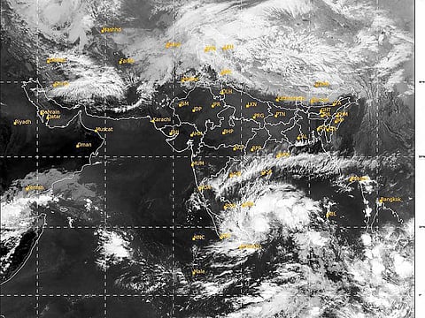 In this India Meteorological Department (IMD) released satellite image captured on Monday, Nov. 23, 2020, a depression is seen over the Bay of Bengal that is likely to intensify into a cyclonic storm by Tuesday and cross the coast as a severe cyclonic storm a day after. 