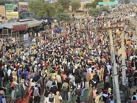 Members of various farmer organisations gather at Punjab-Haryana border as they participate in the 'Delhi Chalo' protest march against the farm reform laws, in Sirsa district, Thursday, Nov. 26, 2020. 