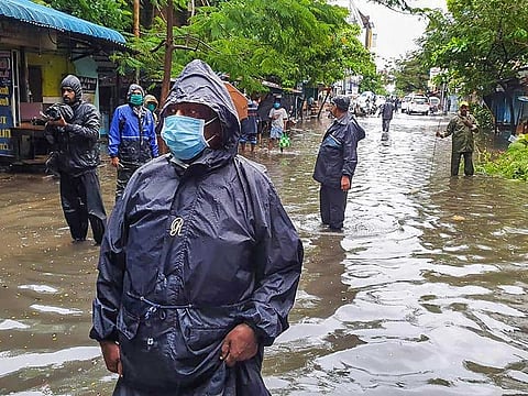 Puducherry Chief Minister V Narayanasamy takes stock of a storm-affected area, in the aftermath of cyclone Nivar, in Puducherry, Thursday, Nov. 26, 2020.