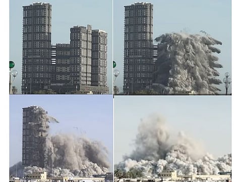 The controlled explosions that flattened the four towers of Mina Zayed to the ground on Friday morning.