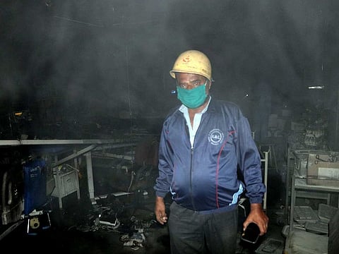 A firefighter seen at the COVID-19 ICU ward where a fire broke out, at Uday Shivananda Hospital in Rajkot on Friday.