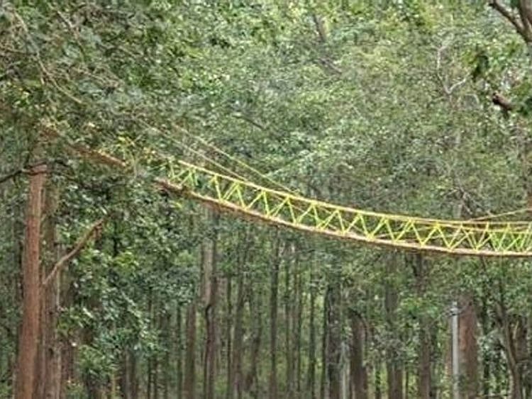 The 90-foot-long structure of bamboo, jute, and grass was built across the two-lane Kaladhungi-Nainital highway